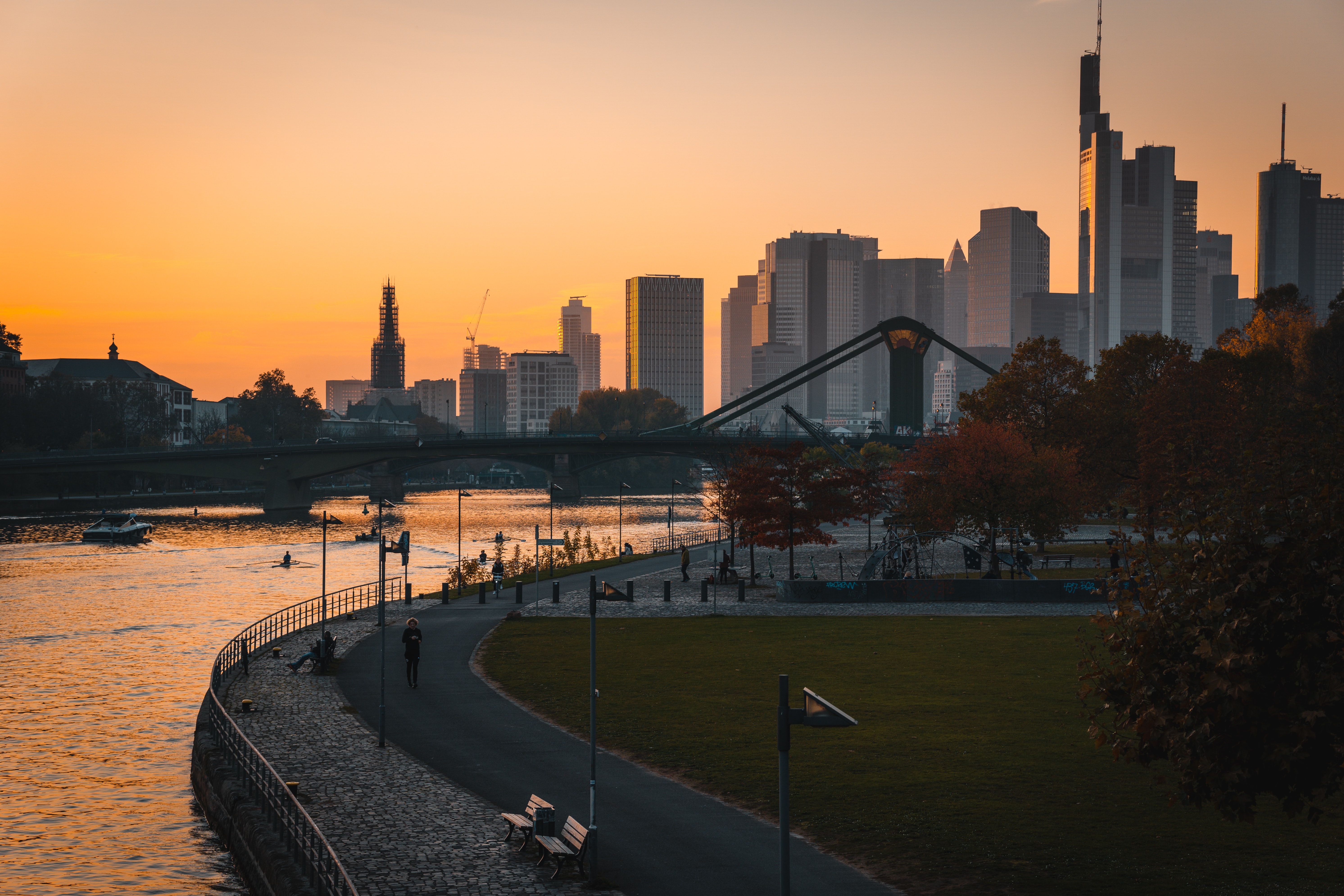 Germany city Frankfurt skyline at sunset