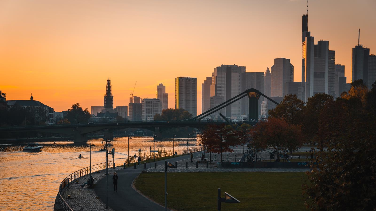 Germany city Frankfurt skyline at sunset