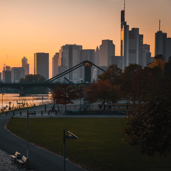 Germany city Frankfurt skyline at sunset